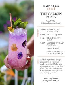 an advertisement for the garden party featuring a purple drink with flowers and leaves on it