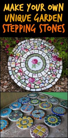 a white plate sitting on top of a patch of dirt next to some pink flowers