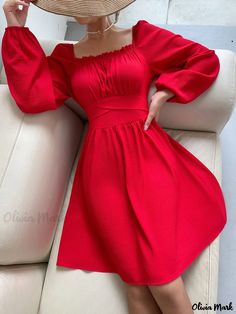 Olivia Mark - Trimmed Waist Puff Sleeve Dress White Engagement Dresses, Strawberry Shortcake Costume, Red Dress Sleeves, Red Dress Long, Dress Trims, Umbrella Skirt, Engagement Dresses, Puff Sleeve Dress, Red S