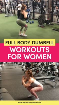 the full body dumbbell workout for women is shown in pink and yellow with an image of