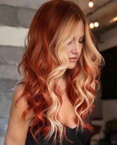 Ginger Hair Color: 23+ Ways To Rock The Color Of The Season Ginger And Auburn Hair, Ginger Blonde Split Hair, Different Red Highlights, Hair Color Ginger Blonde, Ginger Red And Blonde Hair, Copper Hair Ombre Balayage, Blond Hair Red Roots, Flame Ombre Hair, Fall Bright Hair Color