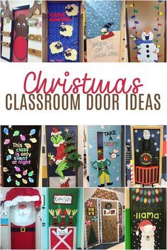 christmas classroom door decorations with santa clause and snowman on the front, surrounded by other pictures