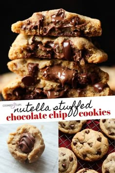 chocolate chip cookies stacked on top of each other with the words, nutella stuffed chocolate chip cookies