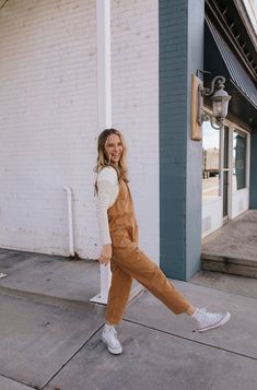 + deep caramel tan+ scoop neckline+ adjustable straps+ pockets paired with the petra lace top Cheap Beige Overalls For Spring, Orange Overalls Layered, Young Teacher Outfits Elementary, Fall Overalls, Young Teacher Outfits, Fall Aesthetic Outfit, Post Partum Outfits, Hipster Outfits, Boring Clothes