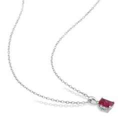 This glamorous solitaire created ruby pendant captivates the stunning vibe that a diva requires. Crafted in sterling silver, it showcases a glazing created ruby gemstone as the center stone in a 4 prong setting for a bold and stylish look. With a high polished finish, this pendant is suspended from an 18-inch round cable chain. Pair this delicate necklace with your next evening ensemble to add a touch of elegance to your look. | Belk & Co Lab Created Created Ruby Solitaire Design Pendant with Ch Classic Ruby Necklace With Diamond Cut, White Gold Ruby Necklace With Diamond Cut, Classic Necklace With Lab-created Ruby, Classic Ruby Necklace With Prong Setting, Classic Necklace With Lab-created Ruby Gemstone, Classic Jewelry With Polished Lab-created Ruby, Classic Style Necklaces With Lab-created Ruby Gemstone, Classic Necklaces With Lab-created Ruby Gemstone, White Gold Ruby Birthstone Jewelry