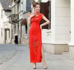 Formal Long Red Cheongsam, Red Long Cheongsam For Spring, Traditional Red Cheongsam For Formal Occasions, Red Elegant Cheongsam For Spring, Elegant Red Cheongsam, Elegant Red Cheongsam For Spring, Red Fitted Summer Cheongsam, Red Traditional Cheongsam For Evening, Traditional Red Cheongsam For Evening