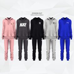 four different colored tracksuits with the same logo on them, all in various colors