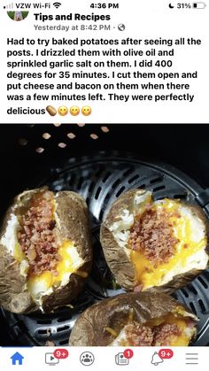 some baked potatoes with cheese and meat on them are being served in the air fryer