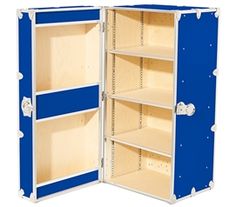 an open blue and white cabinet with shelves on both sides, showing the bottom section