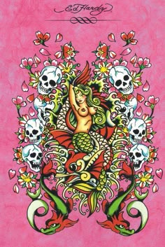 a drawing of a mermaid surrounded by skulls and flowers on a pink background with the words,