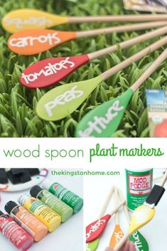 several pictures of food spoons and paint markers on grass with text overlay that says good spoon plant marker