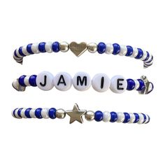 Set of 3 blue and white Bracelets - 2 Combo and 1 with name in white and black letters with a silver accent heart and star. This can be personalized with any name, word, camp, school, team, etc. Small parts, not intended for children under 3 years old. | Risa's Pieces | (Blue & White Bracelet Set, Size Kid)  |  Maisonette collects the best children’s products from around the world (unlike Zulily, Etsy, The Tot, Farfetch Kids, Childrensalon, Crate and Kids, Kohls, Wayfair, Buy Buy Baby, Nords Adjustable White Name Bracelet With Custom Text, Adjustable White Bracelets For School, Customized White Adjustable Name Bracelet, Adjustable White Beaded Bracelets With Name, Adjustable White Beaded Bracelet With Name, Customized Blue Name Bracelet For Birthday, Custom Blue Name Bracelet For Birthday, Blue Beaded Bracelets With Custom Name For Birthday, Adjustable Blue Beaded Bracelets With Custom Name