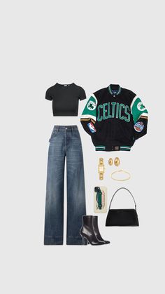 Rock this stylish outfit at the Celtics game! Stay on-trend while representing your team. If you're loving this look, hit that like button and follow for more basketball game day outfit ideas! 🏀☘️ #BostonCeltics #GameDayFashion #BasketballStyle Basketball Outfit For Women Fashion, Basketball Game Day Outfit, Basketball Game Outfit Women, Basketball Game Outfit, Boston Outfits