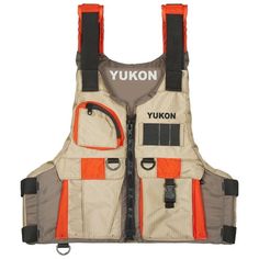 an orange and gray life jacket with the words yukon on it's chest