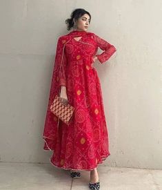 Bandhani Print, Inner Work, Anarkali, Elastic, Red, Fabric