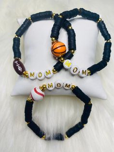 Sports mom beaded bracelet , football mom , baseball mom , Basketball mom The size for the bracelets is 7. inches. You may request custom sizes in the personalization box. We can make bracelets for children as well, but please measure their wrists for the most accurate sizing. but know it may not be a perfect fit unless you provide exact measurements.  . Please allow 3-5 days processing time when you purchase, as each piece is made especially for you! How to care for your bracelets:  *Remove before showering or swimming, avoid water when washing hands *Treat jewelry gently & with special care *Roll onto wrist instead of stretching open  *Do not leave out in direct sunlighT Baseball Mom Bracelet, Team Bracelets, Baseball Bracelet, Beaded Braclets, Name Bracelets, Baseball Mama, Bracelets Handmade Diy, Diy Jewelry Inspiration, Sports Bracelet