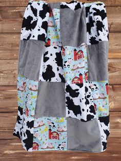 Patchwork Blanket - Farm Animals and Black White Cow Print Blanket - DBC Baby Bedding Co Cow Print Quilt Ideas, Cow Print Blanket, Black And White Cow Print, Ruffle Blanket, White Cow Print, Black And White Cow, Baby Boy Bedding, Baby Changing Pad, Patchwork Blanket