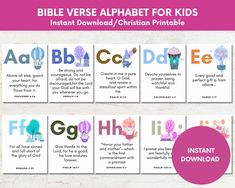 the bible verse alphabet for kids instant printables with pictures and text on it