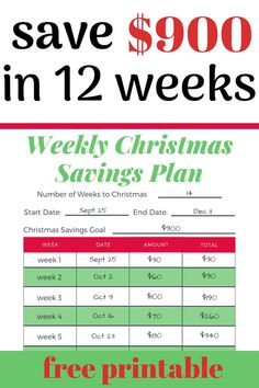 a christmas savings plan with the text, save $ 900 in 12 weeks and free printable