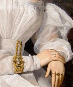 a painting of a woman wearing a white dress and holding a gold chain around her wrist