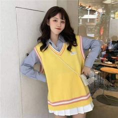 4 Colors Korean Fashion Style Kawaii Pastel Candy Vest SS1807 Size Chart: Colors Korean, Girls Korean, Egirl Clothes, Yellow Vest, Purple Vests, Pastel Candy, Style Kawaii, Oversize Casual, Vest Women