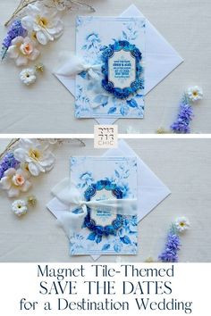 two pictures of wedding cards with blue and white flowers