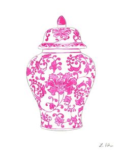 a drawing of a pink and white vase with a flower on it's lid