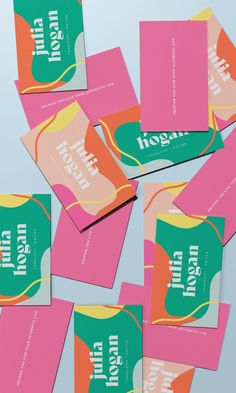 six pink and green business cards with the word hoagie written on them in bold colors