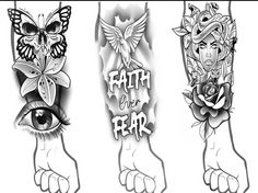 three different tattoos with the words faith over fear and an image of a cat's eye