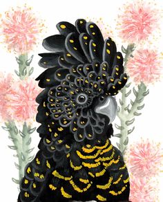 a painting of a black bird with yellow spots on it's feathers