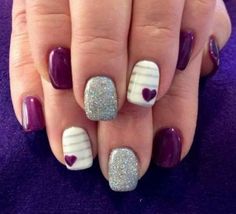 Cute Hearts and Glitter Nail Design. See more at http://www.naildesignsforyou.com/easy-nail-designs-perfect-beginners/2/ | http://www.naildesignsforyou.com #easynaildesigns #naildesigns #nailart #nails #nailpolish #simplenaildesigns Fancy Nail Art, Chic Nail Designs, Her Nails, Creative Nail Designs, Chic Nails, Sleeve Tattoo