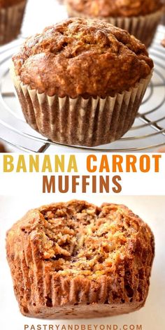 banana carrot muffins on a cooling rack with the words, easy and delicious