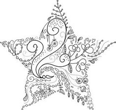 a black and white drawing of a star with swirls, stars and flowers on it