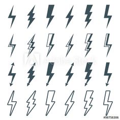 set of lightning bolt icons in black and white, isolated on a white background with clippings