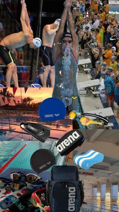 collage of various sports related items and people in the stands at an indoor swimming event