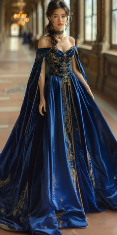 Blue Fantasy Dress, Fae Dress, Blue Princess Dress, Medieval Gown, Prince And Princess Of Wales, Trim Colors, Fancy Gowns, Cream Shirt