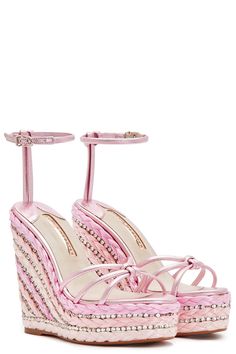 Sophia Webster alina crystal espadrille in rosa metallic. 140mm 100% Leather Upper 100% Rubber Sole Made in Spain Cute Shoes Heels, Swag Shoes, Sophia Webster, Look Vintage