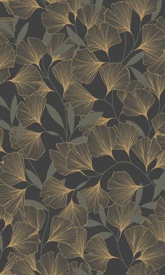 a black and gold floral wallpaper with large leaves on the bottom half of it