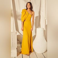 Nwt One Shoulder Dress Yellow One-shoulder Evening Midi Dress, Yellow One-shoulder Midi Dress For Evening, Yellow One-shoulder Dress, Yellow Formal Evening Dress For Summer, Yellow One-shoulder Cocktail Dress, Yellow Fitted Midi Dress For Gala, Fitted Yellow Midi Dress For Gala, Elegant Yellow One-shoulder Dress, Formal Yellow One-shoulder Dress