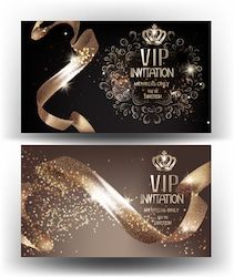 two elegant party banners with gold glitter and ribbons