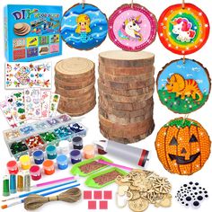 an assortment of arts and crafts items including pumpkins, coins, markers, stickers