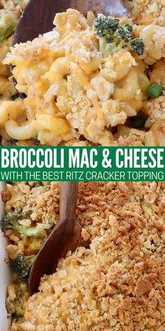 baked broccoli mac and cheese with ritz cracker topping in casserole dish with large serving spoon Brocolli Mac And Cheese, Easy Mac N Cheese