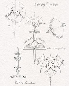 an ink drawing of different types of umbrellas and other things that are drawn on paper