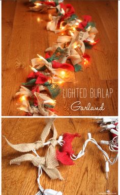 christmas garlands on the floor with lights strung from them and attached to strings that are wrapped in burlap