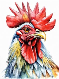 a drawing of a rooster's head with red, yellow and blue feathers on it