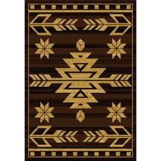 a brown and gold rug with an arrow design on the bottom, in front of a black background