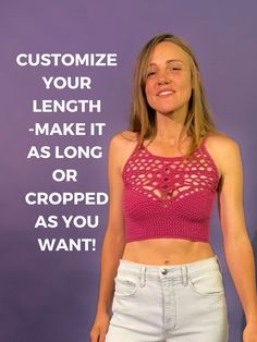 a woman standing in front of a purple background with the words, customize your length - make it as long or cropped as you want