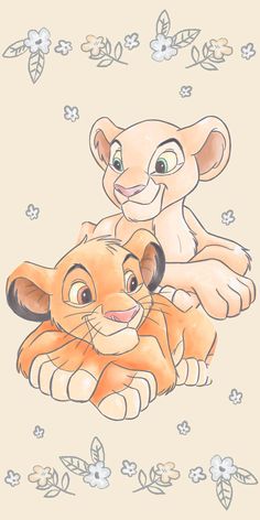 the lion and cub are sitting next to each other on a beige background with white flowers