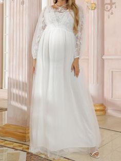 Occasion:Formal Occasions Style:Elegant Color:White Season:Spring,Fall Decoration:Tulle,Lace,Backless Material:Polyester Pattern:Solid Color Collar:Round Neck Sleeve Length ：Long Sleeve Waist Type：Recommended for maternity for under 5 months Bust (cm) ：S:84cm;M:88cm;L:92cm;XL:96cm Waist (cm) ：S:70cm;M:74cm;L:78cm;XL:82cm Length (cm) ：S:151cm;M:152cm;L:153cm;XL:154cm Sleeve Length (cm) ：S:58cm;M:59cm;L:60cm;XL:61cm Baby Shower Gown, Maternity Sundress, Plus Size Maternity Dresses, Photoshoot Maternity, Sleeved Wedding, Shower Outfits, Maternity Nursing Dress, Maternity Midi Dress