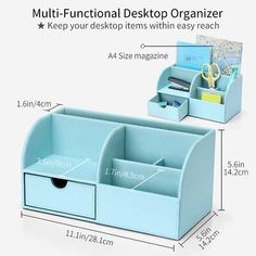 the desk organizer is blue and has compartments for pens, scissors, and other office supplies